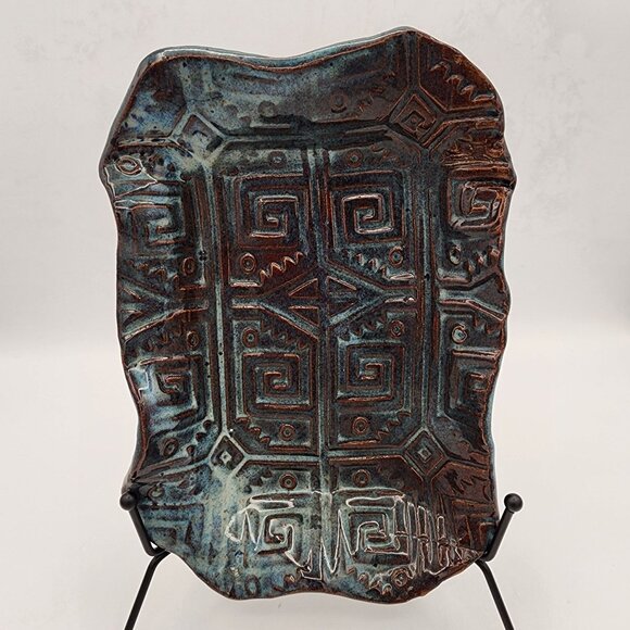 Handcrafted Artisan Mayan Inca Design Glazed Pottery Plate Fall Colors Abstract - Picture 1 of 9